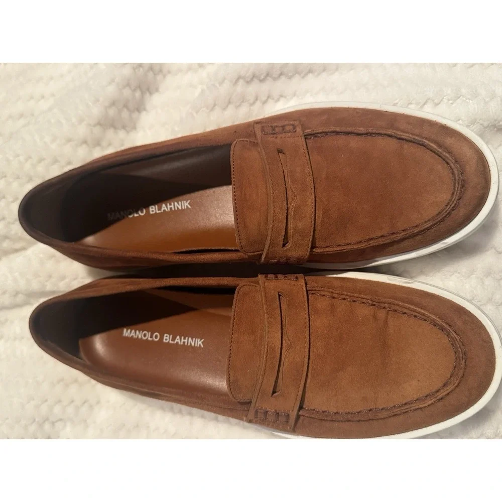 Authentic Manolo Blahnik Ellis Suede Penny Loafers‎ Men's Size 40.5 Brown Italy